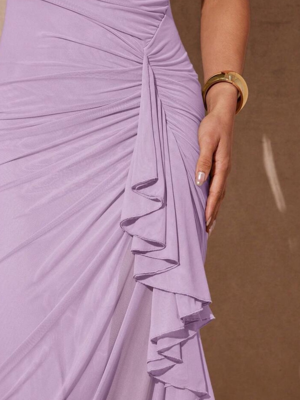 Purple Ruched Sheath Dress with Side Ruffle - Picture 7 of 7